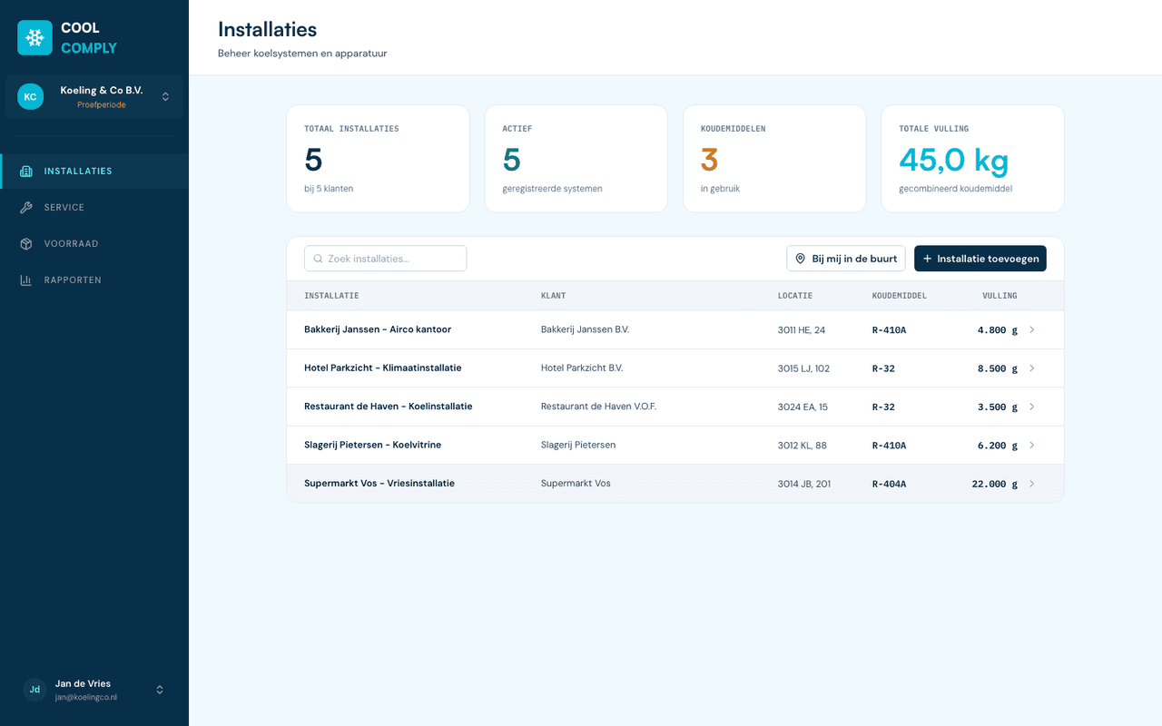 CoolComply-scherm 'Installaties': overzicht van koelsystemen met totalen en per installatie het koudemiddel en de vulling.